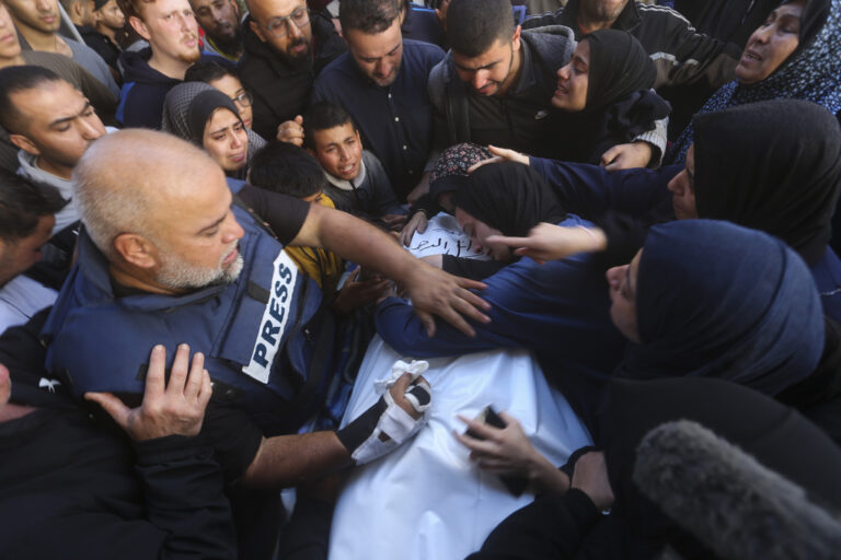 Al Jazeera journalist Wael Dahdouh mourns his son Hamza, who also worked for Al Jazeera and who was killed in an Israeli airstrike in Rafah, Gaza Strip, Sunday, Jan. 7, 2024. Dahdouh lost his wife, two other children and a grandson earlier in the war and was nearly killed himself. (AP Photo/Hatem Ali)