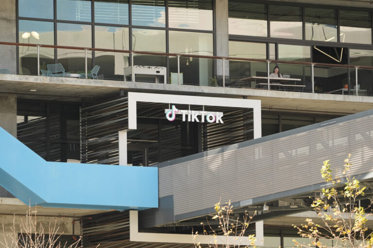 A TikTok sign hangs on their building in Culver City, Calif., Monday, March 11, 2024. House Republicans are moving ahead with a bill that would require Chinese company ByteDance to sell TikTok or face a ban in the United States even as President Donald Trump is voicing opposition to the effort. (AP Photo/Damian Dovarganes)