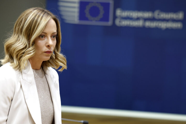 Italy's Prime Minister Giorgia Meloni arrives for a round table meeting at an EU summit in Brussels, Monday, June 17, 2024. The 27 leaders of the European Union gather in Brussels on Monday evening to take stock of recent European election results and begin the fraught process of dividing up the bloc's top jobs, but they will be playing their usual political game with a deck of reshuffled cards. (AP Photo/Geert Vanden Wijngaert)