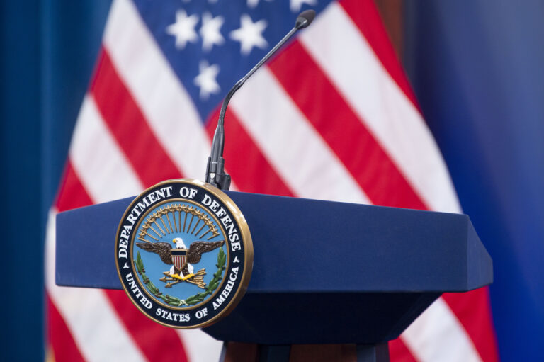 The Department of Defense seal is seen on the podium in the Press Briefing room at the Pentagon on Tuesday, Oct. 29, 2024 in Washington. (AP Photo/Kevin Wolf)