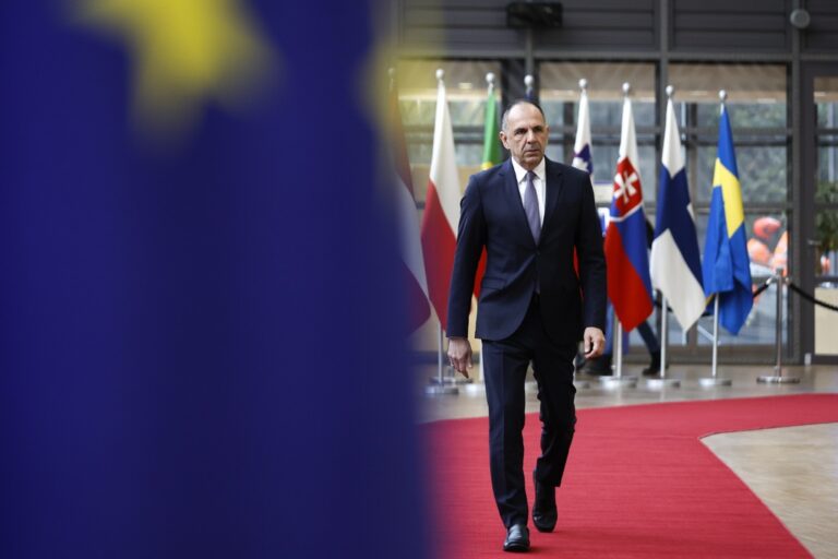 Greece's Foreign Minister Giorgos Gerapetritis arrives for a meeting of EU foreign ministers at the European Council building in Brussels, Belgium, Monday, Nov. 18, 2024. (AP Photo/Omar Havana)