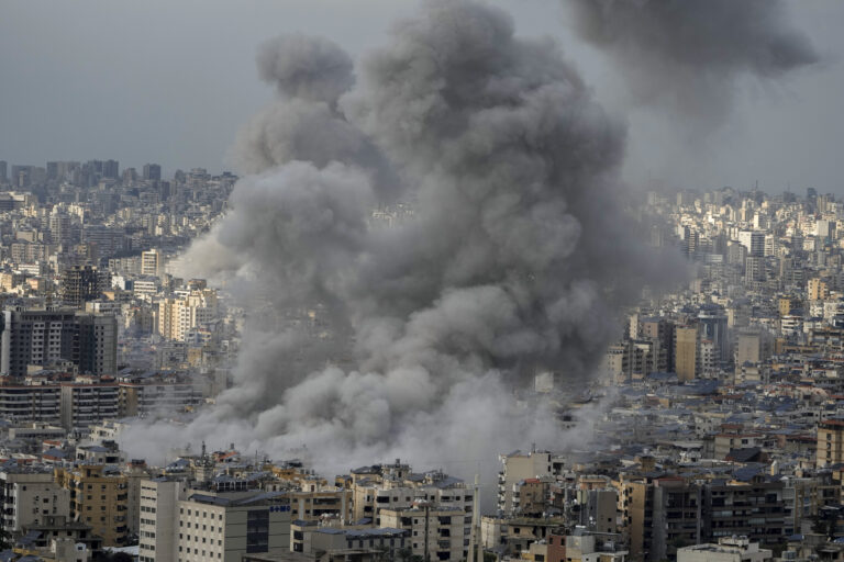 Smoke rises following an Israeli airstrike on Dahiyeh, in Beirut, Lebanon, Monday, Nov. 25, 2024. (AP Photo/Bilal Hussein)