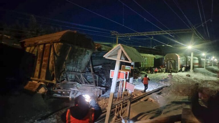 This photo released by Russian North-west Transport Prosecutor's office on Wednesday, Dec. 18, 2024, shows the scene after a freight train collided with a Murmansk-St. Petersburg passenger train in Russia's Murmansk Region of Russia, according to the Russian Ministry of Emergency Situations. (Russian North-west Transport Prosecutor's office via AP)