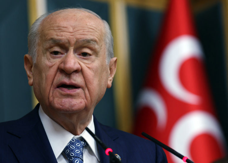 Turkish Nationalist Movement Party's (MHP) leader Devlet Bahceli speaks during a meeting of his party's parliamentary group at the Turkish Grand National Assembly in Ankara on January 17, 2023. (Photo by Adem ALTAN / AFP)