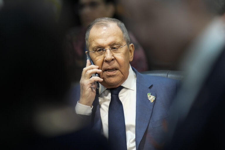 Russia's Foreign Minister Sergei Lavrov attends the G20 foreign ministers meeting in Rio de Janeiro, Brazil, Wednesday, Feb. 21, 2024. (AP Photo/Silvia Izquierdo)