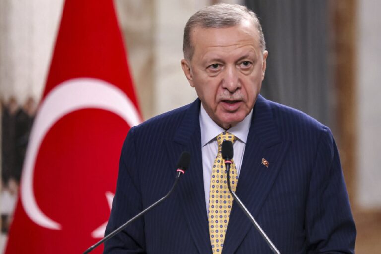 Turkish President Recep Tayyip Erdogan speaks during a joint statement to the media in Baghdad, Iraq, Monday, April 22, 2024. Erdogan arrived in Iraq on Monday for his first official visit in more than a decade. (Ahmad Al-Rubaye /Pool Photo via AP)