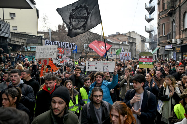 Students join a protest organized by the workers of the national electric power company (EPS, fully owned by the Government of Serbia) in Belgrade on January 23, 2025, following the November 2024 collapse of a roof at a train station in Novi Sad, that killed 15 people. Public outrage over the tragedy in Novi Sad has sparked nationwide protests, with many blaming the deaths on corruption and inadequate oversight of construction projects. (Photo by Andrej ISAKOVIC / AFP)