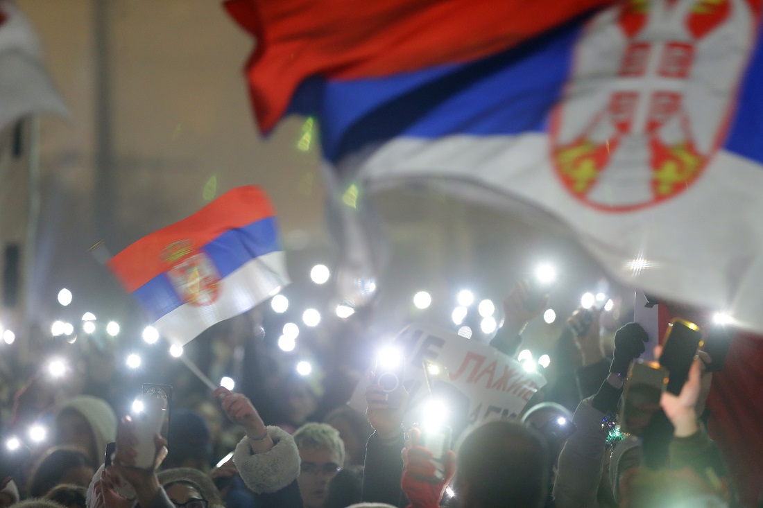 epa11800570 Protestors hold their phones during a protest rally in Belgrade, Serbia, 31 December 2024. University students staged a protest asking for accountability after fifteen people lost their lives in the collapse of the Novi Sad Railway Station canopy on 01 November 2024. The station building, which had been renovated and reopened on 05 July 2024, was undergoing further renovations shortly before the collapse.  EPA/ANDREJ CUKIC