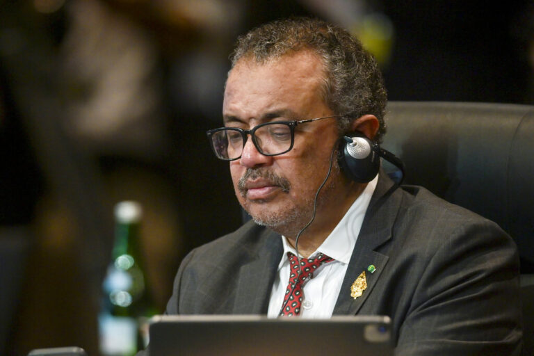 World Health Organisation Director-General Tedros Adhanom Ghebreyesus attends a working session on energy and food security during the G20 Summit in Nusa Dua, Bali, Indonesia, Tuesday Nov. 15, 2022. (Bay Ismoyo/Pool Photo via AP)