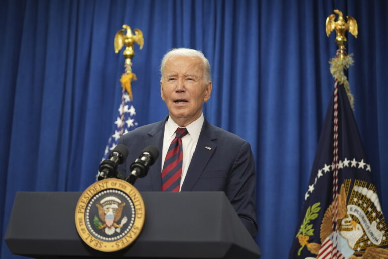 President Joe Biden speaks to the media about today's hostage release at Royal Missionary Baptist Church in North Charleston, S.C., Sunday, Jan. 19, 2025. Three Israeli hostages released from Gaza have been handed over to Israeli forces there in the first test of a fragile ceasefire between Israel and Hamas. Later on Sunday, Israel is expected to release around 90 Palestinian prisoners. (AP Photo/Stephanie Scarbrough)