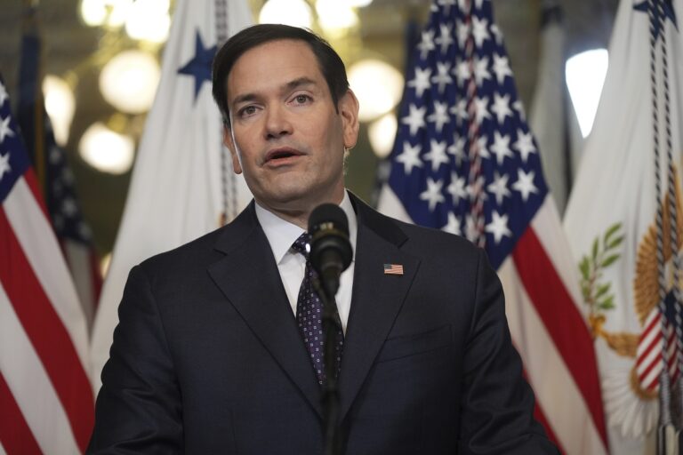 Secretary of State Marco Rubio speaks after being sworn in by Vice President JD Vance in the Vice Presidential Ceremonial Office in the Eisenhower Executive Office Building on the White House campus, Tuesday, Jan. 21, 2025, in Washington. (AP Photo/Evan Vucci)