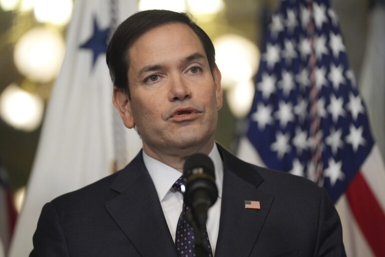 Secretary of State Marco Rubio speaks after being sworn in by Vice President JD Vance in the Vice Presidential Ceremonial Office in the Eisenhower Executive Office Building on the White House campus, Tuesday, Jan. 21, 2025, in Washington. (AP Photo/Evan Vucci)