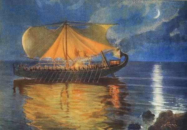 The boat belonging to Phaeaceans brings Odysseus back to his land, Jan Styka