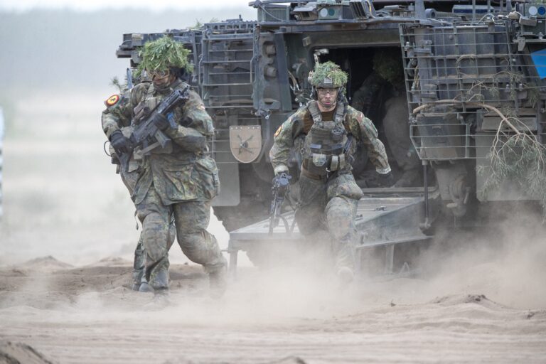 German soldiers take part in the Lithuanian-German division-level international military exercise 'Grand Quadriga 2024' at a training range in Pabrade, north of the capital Vilnius, Lithuania on Wednesday, May 29, 2024. 'Grand Quadriga 2024', a wide-scale exercise of the German Bundeswehr that rehearses moving two divisions from the central part of Europe to eastern. Over 3 thousand German troops and military equipment has been moved to Lithuania.(AP Photo/Mindaugas Kulbis)