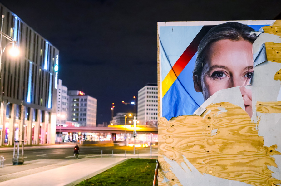 epa11870864 A damaged campaign poster of the Alternative for Germany (AfD) party and faction co-chairwoman and top candidate for the federal election, Alice Weidel, is on display after a gathering of protesters for a rally in Berlin, Germany, 02 February 2025. People gathered to protest against the Christian Democratic Union's (CDU) cooperation with the far-right Alternative for Germany (AfD) party after the CDU's motion in the Bundestag won a majority with the help of AfD votes. This is a novelty, as the CDU wanted to maintain a so-called 'firewall' regarding cooperation with the far-right party.  EPA/HANNIBAL HANSCHKE