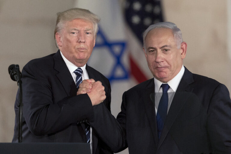 FILE – President Donald Trump and Israeli Prime Minister Benjamin Netanyahu shake hands at the Israel museum in Jerusalem, Tuesday, May 23, 2017. (AP Photo/Sebastian Scheiner, File)