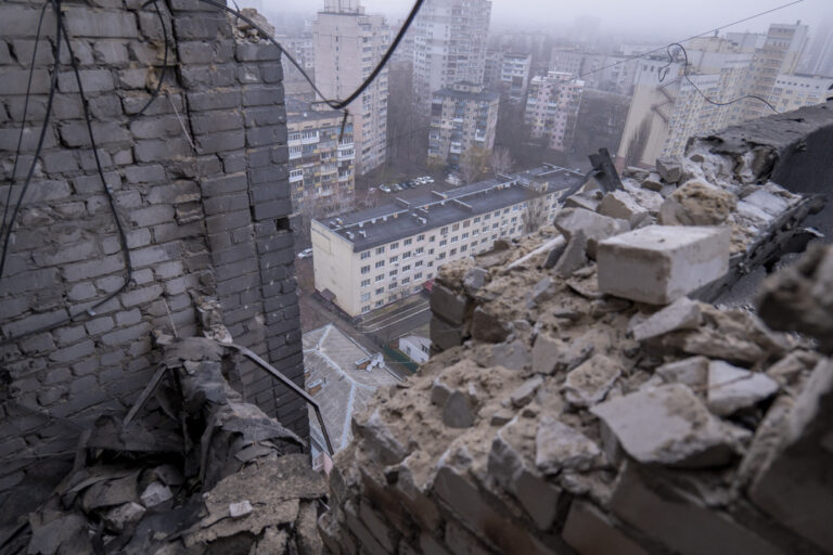 Damaged multi-storey apartment house is seen after Russian drone attack in Kyiv, Ukraine, Friday, Jan. 10, 2025. (AP Photo/Dan Bashakov)