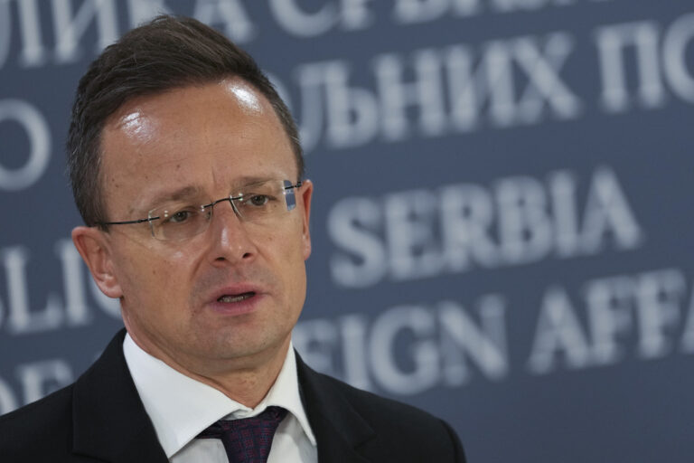 Hungarian Foreign Minister Peter Szijjarto speaks during a press conference after talks with his Serbian counterpart Marko Djuric in Belgrade, Serbia, Thursday, Feb. 13, 2025. (AP Photo/Darko Vojinovic)