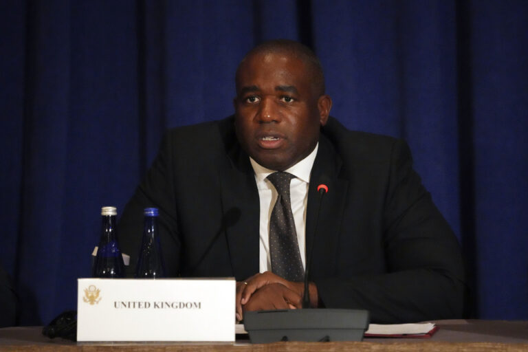 Britain's Foreign Secretary David Lammy speaks at the Ministerial Meeting on Transforming Humanitarian Response for the 21st Century at the Lotte Palace Hotel Monday, September 23, 2024, in New York. (Bryan R. Smith/Pool Photo via AP)