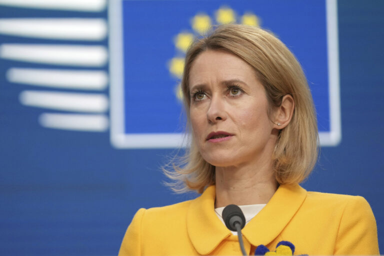 European Union foreign policy chief Kaja Kallas speaks during a media conference after a meeting of EU foreign ministers in Brussels, Monday, Feb. 24, 2025. (AP Photo/Virginia Mayo)