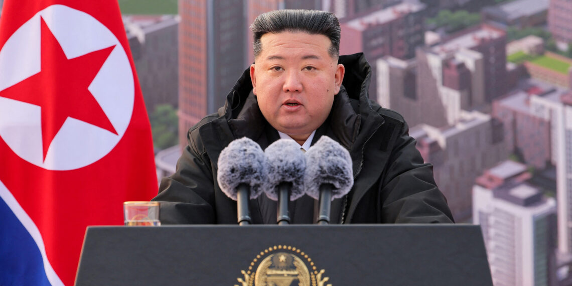 North Korean leader Kim Jong Un speaks during the groundbreaking ceremony for building flats at the fourth stage in the Hwasong area, Pyongyang, North Korea, February 16, 2025,  in this picture released by the Korean Central News Agency. KCNA via REUTERS    ATTENTION EDITORS - THIS IMAGE WAS PROVIDED BY A THIRD PARTY. REUTERS IS UNABLE TO INDEPENDENTLY VERIFY THIS IMAGE. NO THIRD PARTY SALES. SOUTH KOREA OUT. NO COMMERCIAL OR EDITORIAL SALES IN SOUTH KOREA.