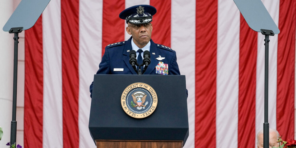 FILE PHOTO: U.S. Chairman of the Joint Chiefs of Staff General Charles Q. Brown speaks during annual Memorial Day in Arlington National Cemetery in Arlington, Virginia, U.S., May 27, 2024. REUTERS/Ken Cedeno/File Photo