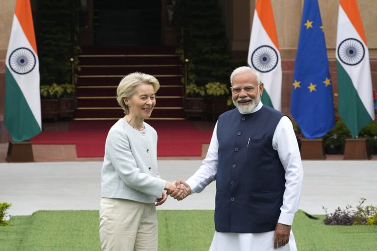 Indian Prime Minister Narendra Modi, right, shakes hands with European Commission President Ursula von der Leyen in New Delhi, India, Friday, Feb. 28, 2025. (AP Photo/Manish Swarup)