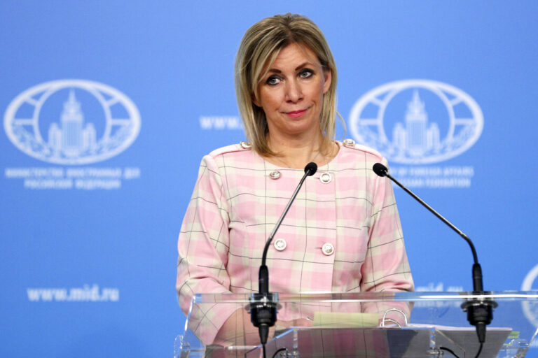 In this photo released by the Russian Foreign Ministry Press Service, Russian Foreign Ministry spokesperson Maria Zakharova speaks during the briefing about foreign policy in Moscow, Russia, Thursday, Feb. 18, 2021. Russia is expelling a diplomat from Estonia in retaliation for the Baltic country's expulsion of an Estonian envoy.  Foreign Ministry spokeswoman Zakharova announced on Thursday that the Estonian ambassador was informed of the move at a meeting where Russia protested the expulsion of its diplomat. (Russian Foreign Ministry Press Service via AP)