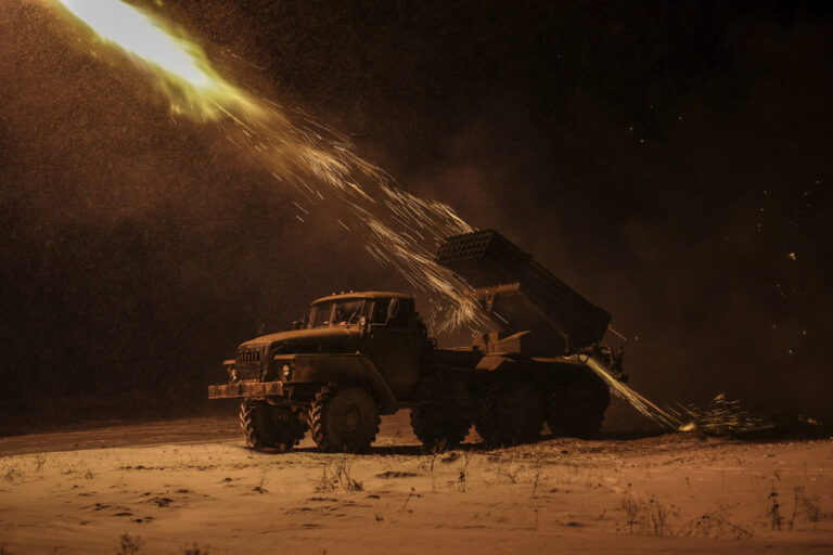 In this photo provided by Ukraine's 24th Mechanized Brigade press service, an MRLS BM-21 "Grad" fires towards Russian army positions near Chasiv Yar, Donetsk region, Ukraine, Sunday, Feb. 23, 2025. (Oleg Petrasiuk/Ukraine's 24th Mechanized Brigade via AP)