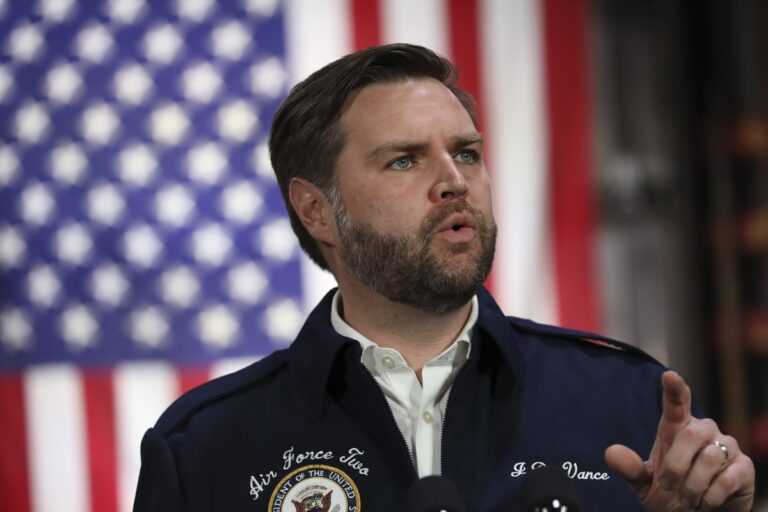 Vice President JD Vance speaks at the East Palestine Fire Department as he visits East Palestine, Ohio, Monday, Feb. 3, 2025. (Rebecca Droke/Pool Photo via AP