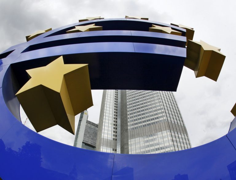 FILE - In this Sept. 2, 2009 file picture the Euro sculpture stans in front of the European Central Bank ECB in Frankfurt, central Germany. Demand for loans from business and consumers remains weak in Europe in the face of the continent's debt crisis, a closely watched European Central Bank survey showed Wednesday July 25, 2012. (AP Photo/Michael Probst, File)